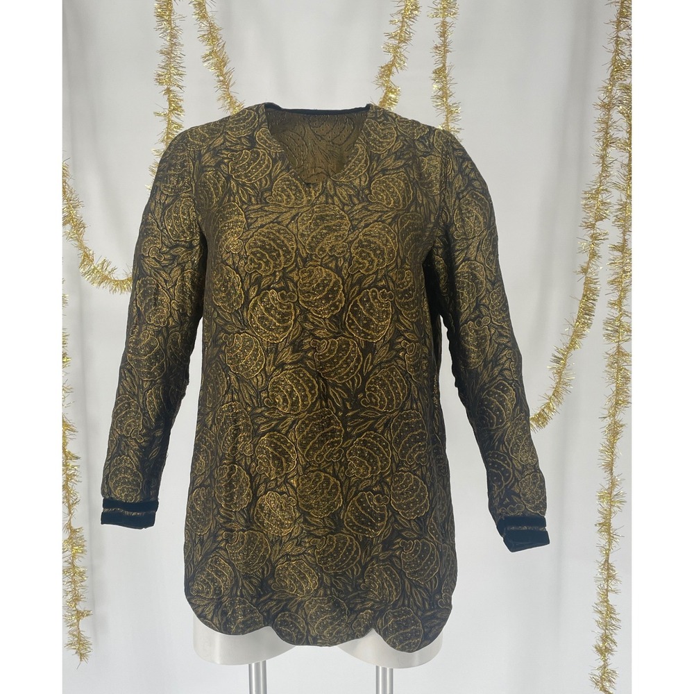 Antique 1920s Gold Lamé Brocade Tunic Blouse Black Velvet Cuffs Scallop Hem RARE